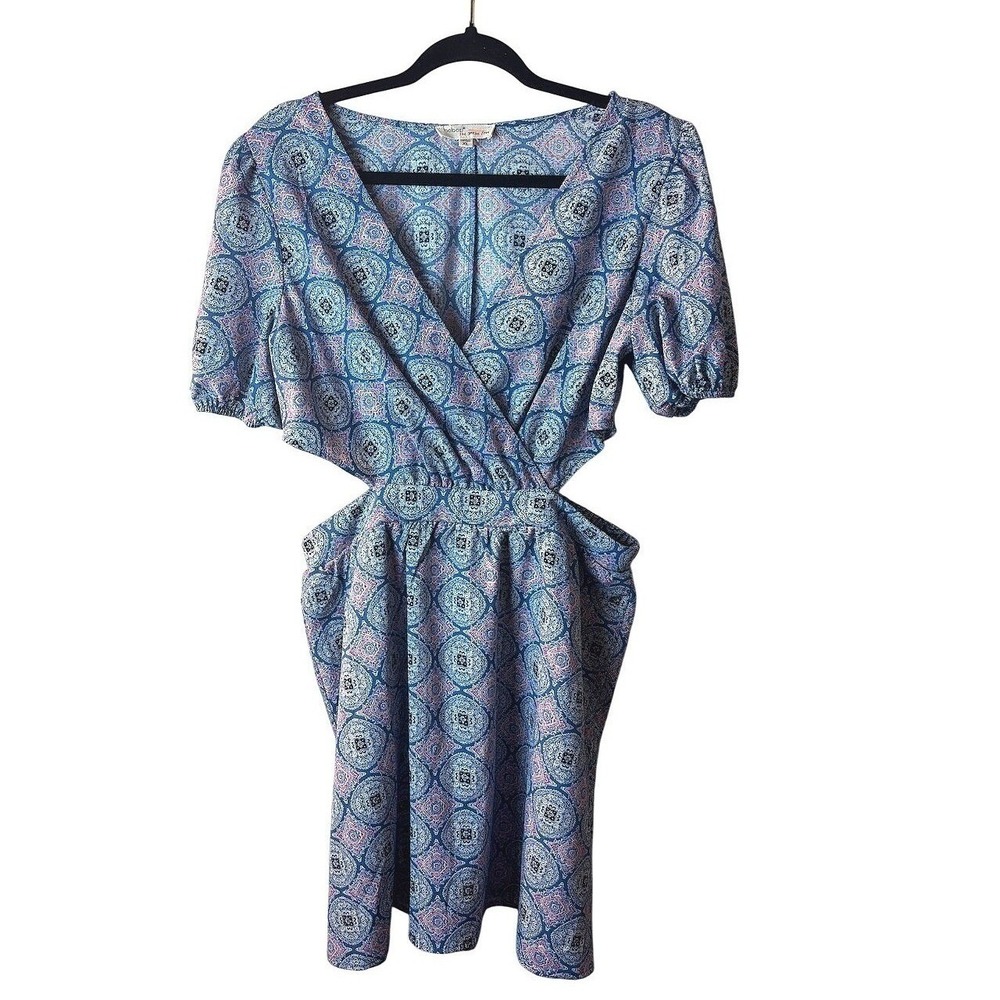Womens XL Sundress Print‎ Deep V Cut-Out Waist Puff Sleeve Midi Spring Summer